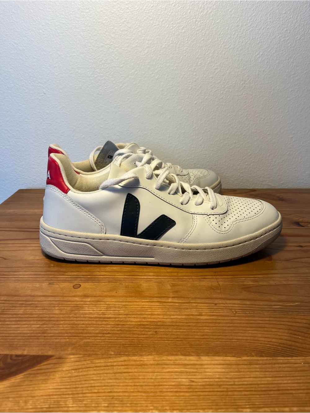 Veja White Leather Sneakers with Black V and Red Heel Tab